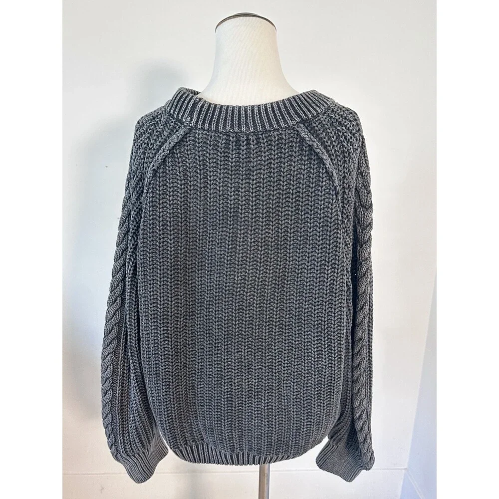 FREE PEOPLE Frankie Cable Knit Size L Black Sweater Fisherman Coastal Cabincore
